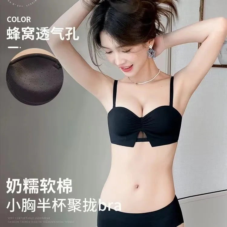 Half Cup girls small bosom gathered underwear no steel ring large AA Cup flat-chested strapless non-slip bra set