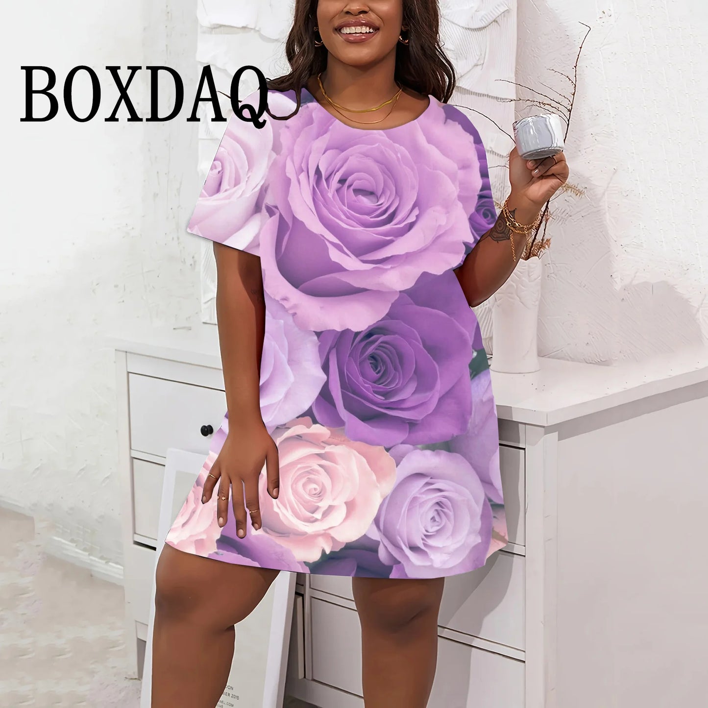 Short Sleeve Woman's Clothing Dresses Rose Flowers 3D Printed Dress Loose Round Neck Plus Size Women Clothing Summer Streetwear