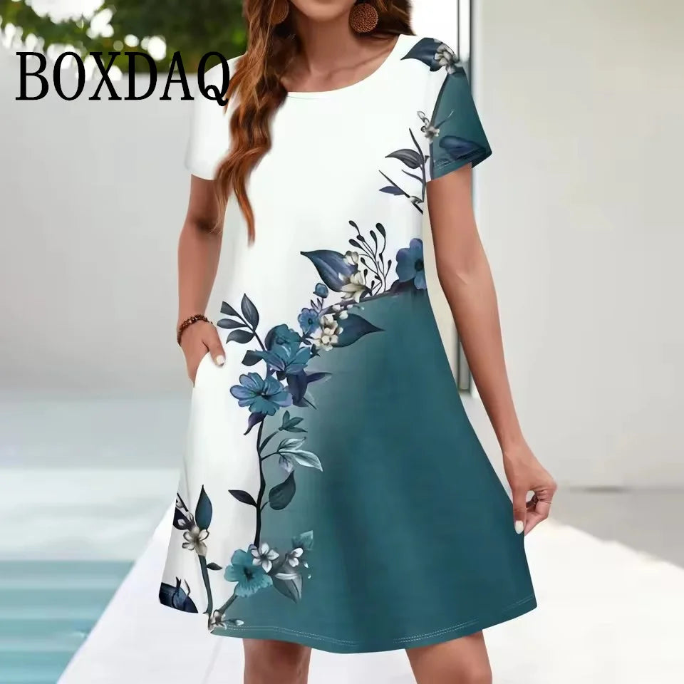 Women'S Casual Sundress Loose Pockets Summer Boho Beach Dress Floral Dress For Women Short Sleeve Dress Plus Size Clothing 9XL