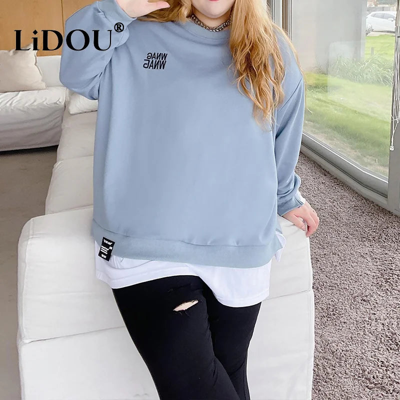 Spring Autumn New Korean Fashion Two Fake Pieces Plus Size Sweatshirt Women Letter Patchwork Casual Lady Tops Oversized Clothes