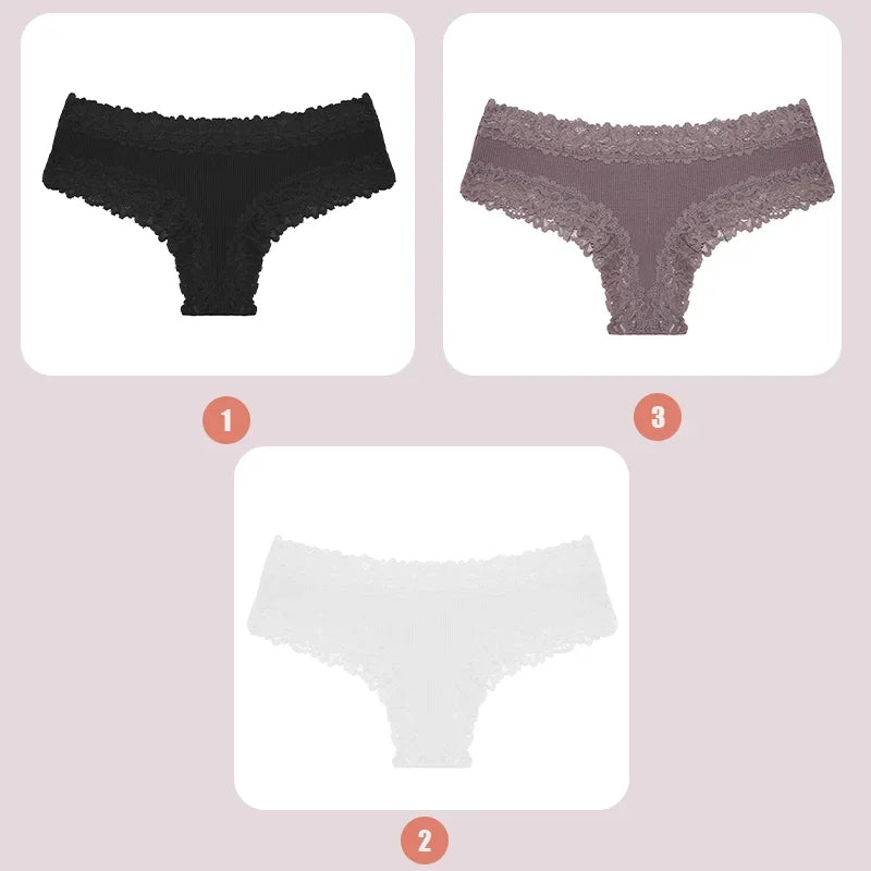 3PCS Lace Seamless Cotton Panties Ribbed Brazilian Pants Low Waist Women Panties Breathable Girls Underwear Plus Size Lingerie