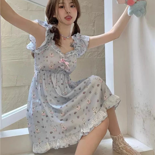 Japanses Sweet Princess Nightdress Women Cute Bow Bunny Print Sleepwear Homewear Clothes Vintage Nightgown Female Kawaii Pyjamas