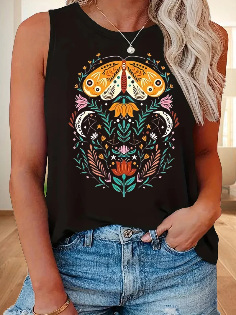 L-5XL Plus Size Women Tank Tops Sleeveless Print Loose Elastic Summer Clothing Fashion Lady Black Oversize Vest 2024