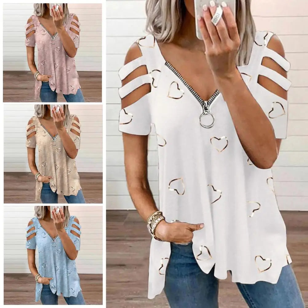 Women Summer Top V Neck Low-cut Hollow Out Short Sleeves T-shirt Match Pants Loose Plus Size Women Blouse Women Clothes