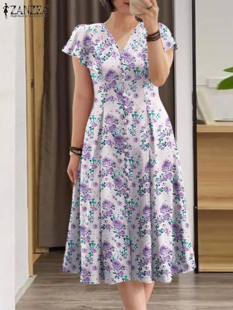 Elegant Floral Dress ZANZEA Women Summer Short Sleeve Party Sundress Robe Femme Causal Holiday Vestidos Bohemain Printed Dresses