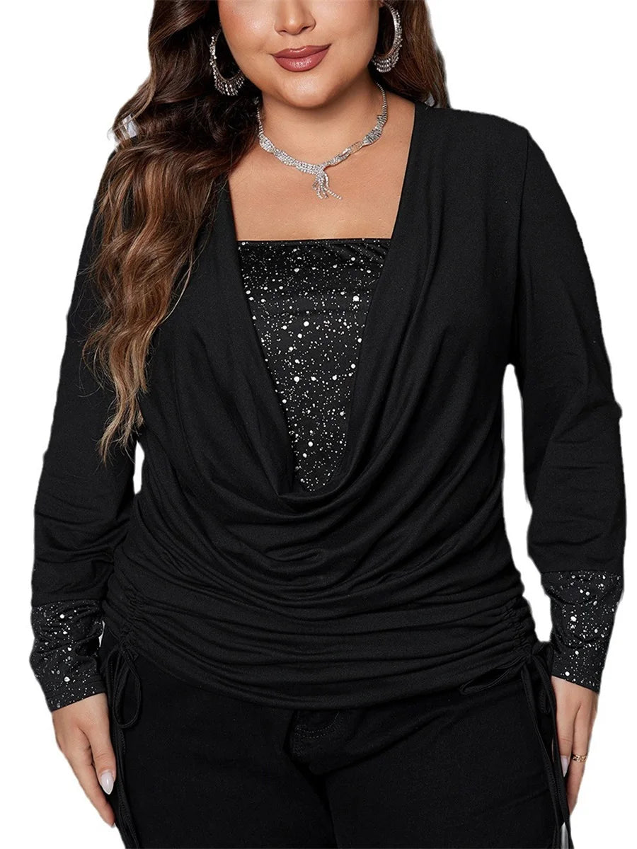 Women Plus Size T-Shirts Glitter Drop Collar Long Sleeve Drawstring Fake Two-Pieces Loose Shirts Spring Fall Casual Tops