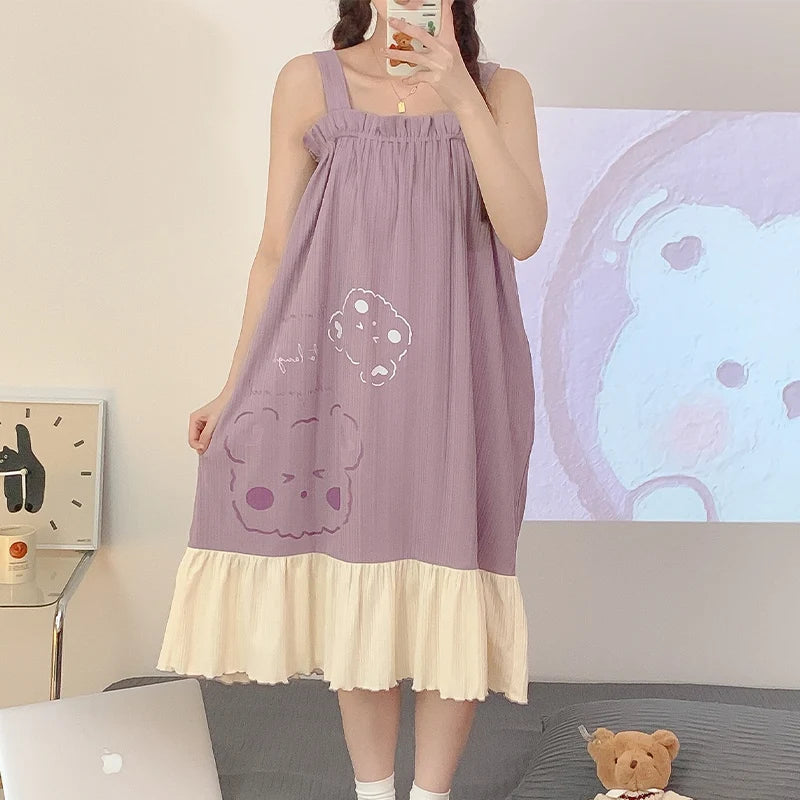 Sweet Cute Nightdress Women Princess Nightgown Lady Summer Sleeveless Sleepwear Female Cotton Nightgowns Loose Home Clothes