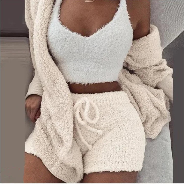 Fluffy Pajamas Set for Women Casual Sleepwear Tank Top and Shorts Plus Size Hoodie Leisure Homsuit Winter 3 Pieces Pijamas