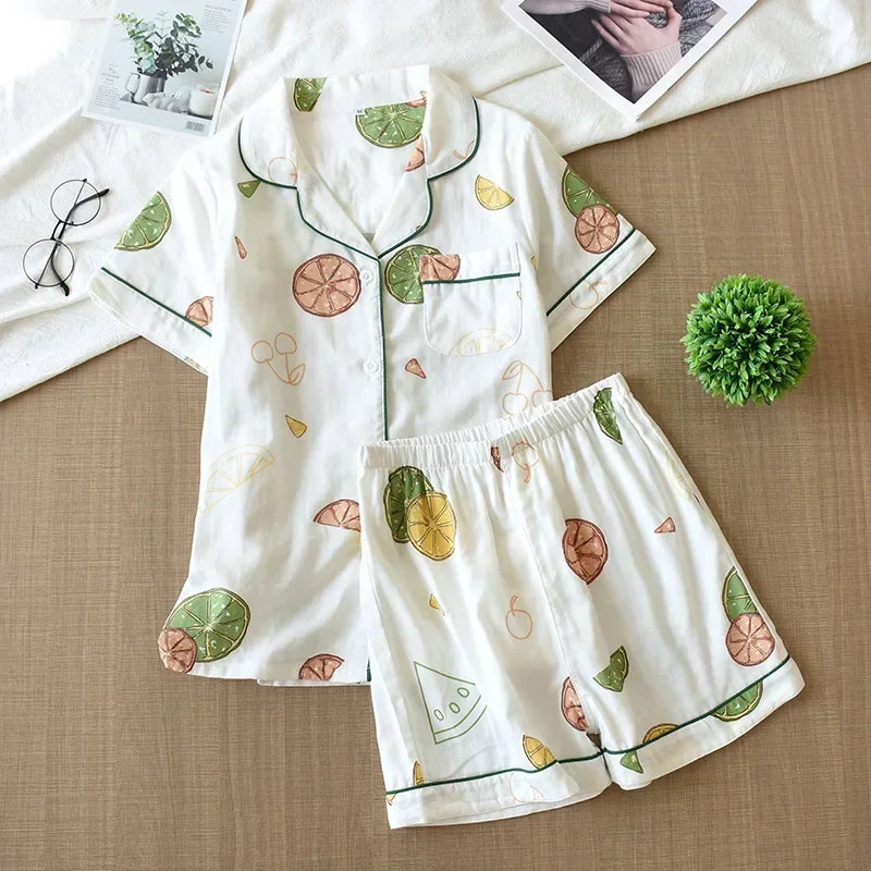 New 100% cotton short-sleeved shorts ladies pajamas set cute cartoon pajamas Japanese simple short pajamas women sleepwear