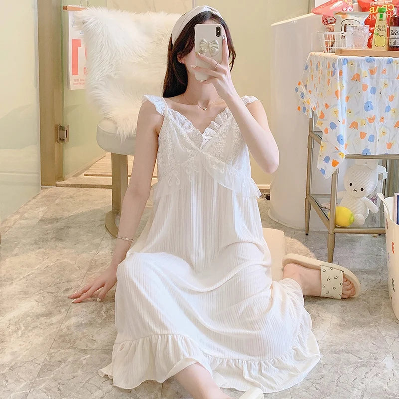 Sweet Cute Nightdress Women Princess Nightgown Lady Summer Sleeveless Sleepwear Female Cotton Nightgowns Loose Home Clothes