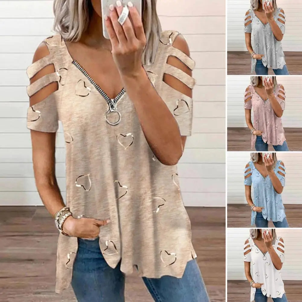 Women Summer Top V Neck Low-cut Hollow Out Short Sleeves T-shirt Match Pants Loose Plus Size Women Blouse Women Clothes