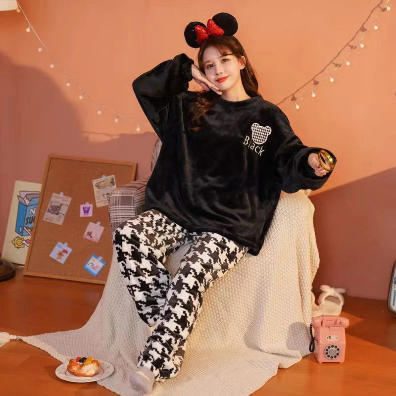 Fleece Thick Warm Women's Pajamas Set Winter Sleepwear Casual Solid Top and Plaid Pants Soft Pijamas Set for Women Home Suit