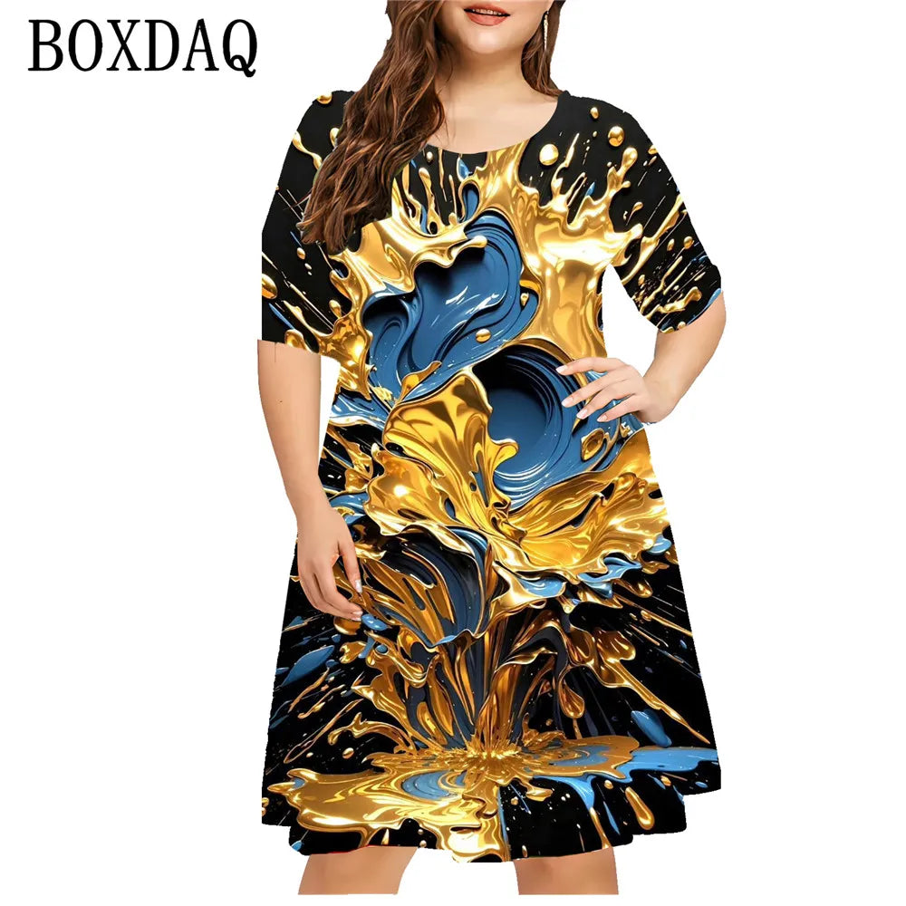 Tie Dye Splash-Ink Print Dresses Women Abstract New Pattern Loose Plus Size Dress Casual Short Sleeve Oversized Clothing 8XL 9XL