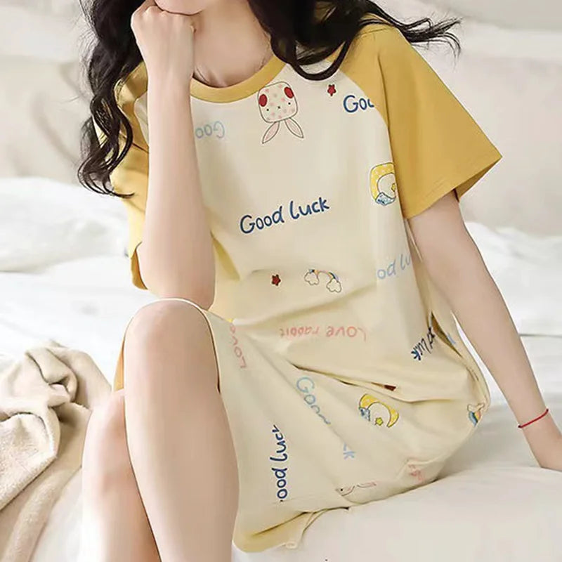 Plus Size Milk Silk Women Nightgowns L-5XL Short Sleeves Sleepshirt Casual Nightdress Cartoon Sleepwear Woman Leisure Lingerie