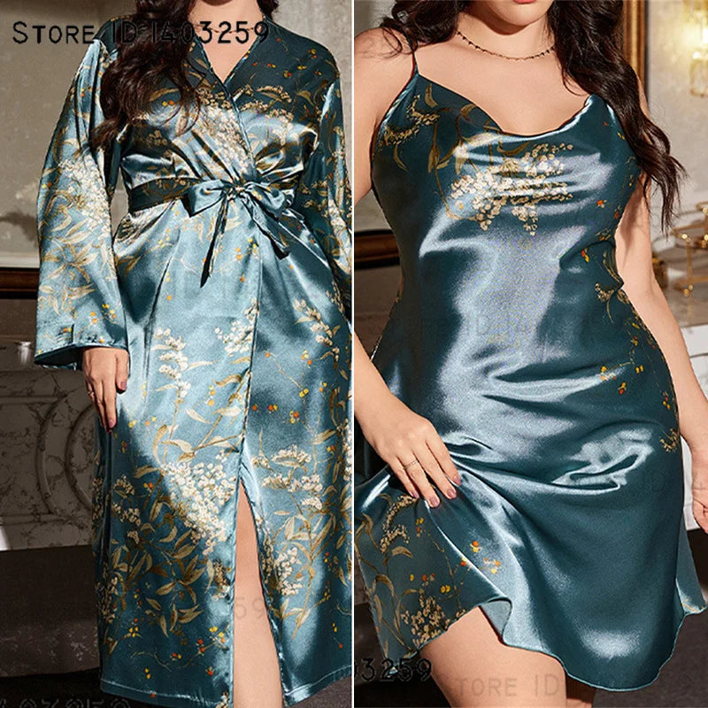 Plus Size Female 2PCS Long Robe Nightgown Set Print Flower Kimono Bathrobe Gown Casual Satin Sleepwear Home Clothing 3XL 4XL 5XL