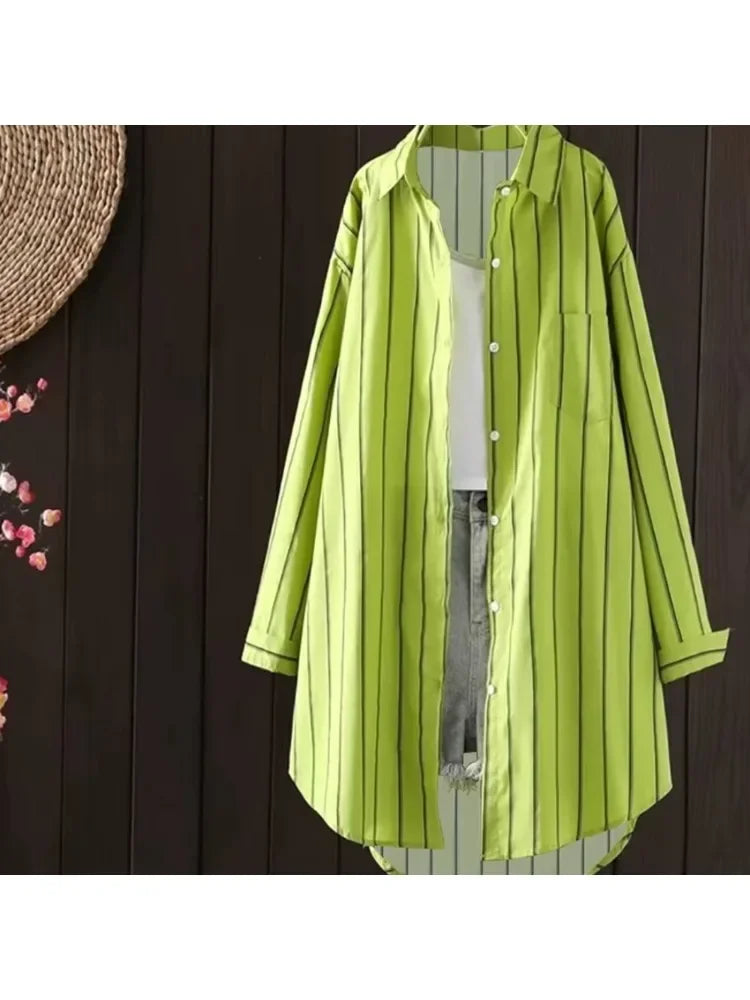 Plus Size Vertical Striped Slim Shirt Spring and Autumn Mid-length Sun Protection Clothing Women's Summer Cardigan Design Shirt