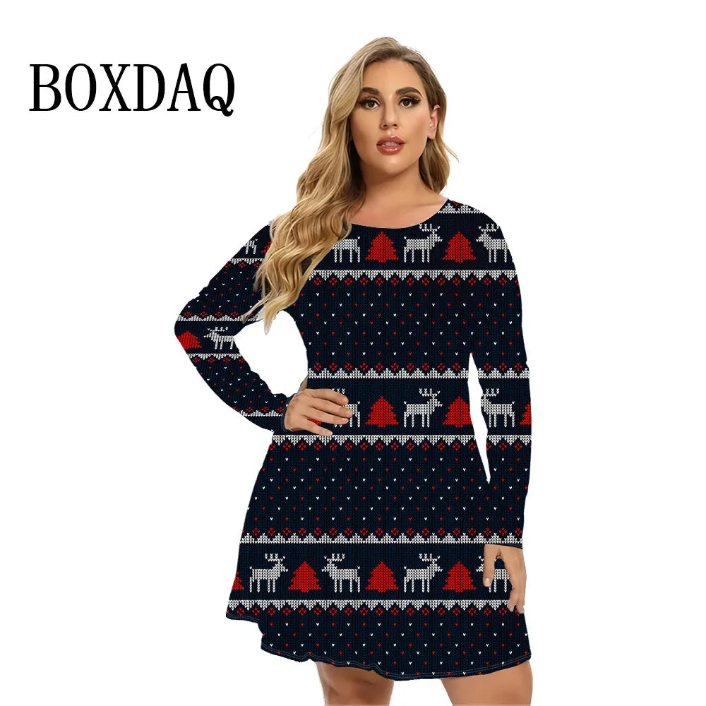 Women Christmas Clothing Long Sleeve Christmas Snowflake Print O-Neck Mini Dress Autumn Winter Casual Loose Plus Size Dress 9XL