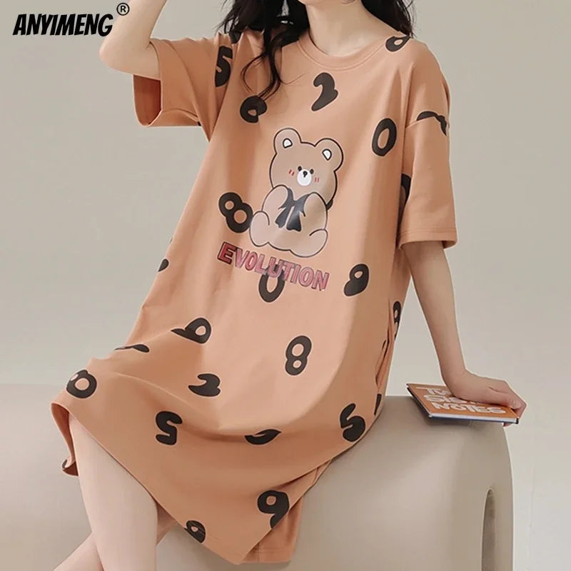 Plus Size Milk Silk Women Nightgowns L-5XL Short Sleeves Sleepshirt Casual Nightdress Cartoon Sleepwear Woman Leisure Lingerie