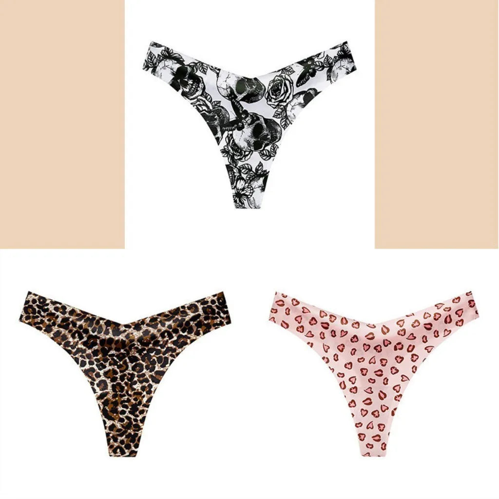 3pcs T Back Panty for Women String Seamless Ice Silk Exy Low Waist Thong Sports Bikini Plus Size Female Print Leopard Underwear