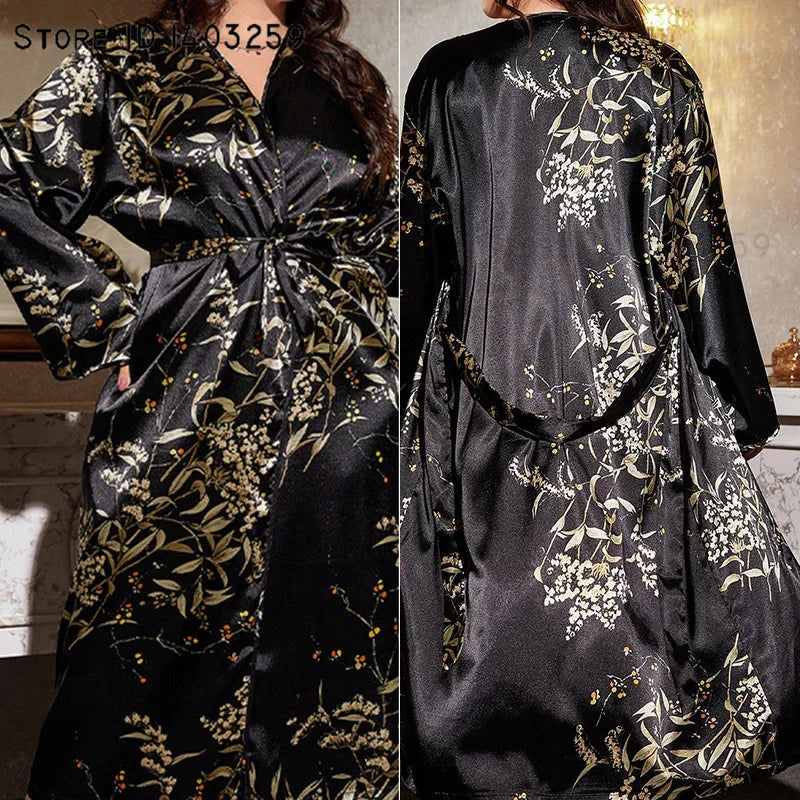 Plus Size Female 2PCS Long Robe Nightgown Set Print Flower Kimono Bathrobe Gown Casual Satin Sleepwear Home Clothing 3XL 4XL 5XL