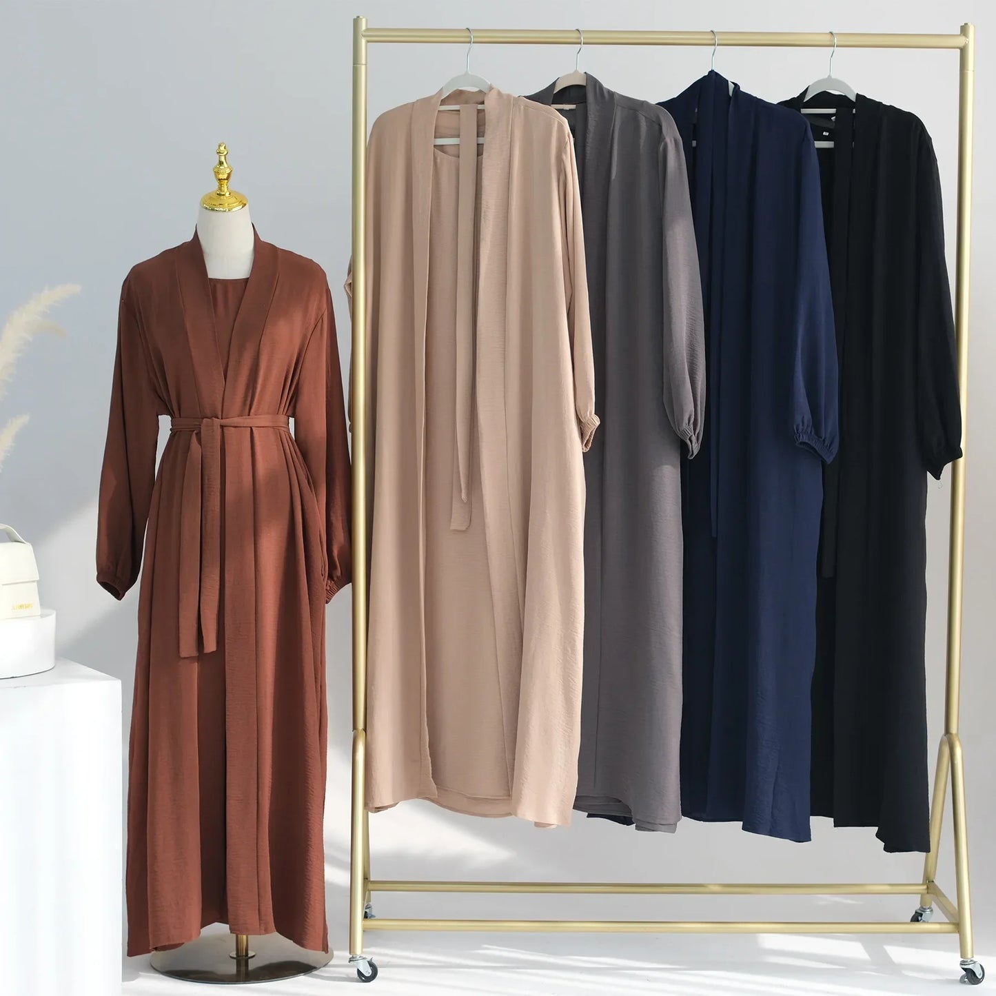 Muslim Woman Set 2 Piece Abaya Kimono with Sleeveless Inner Dress Matching Suit Sets Dubai Turkey Ramadan Modest Islamic Outfits