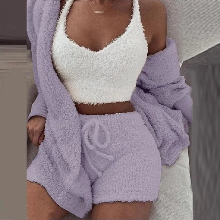 Fluffy Pajamas Set for Women Casual Sleepwear Tank Top and Shorts Plus Size Hoodie Leisure Homsuit Winter 3 Pieces Pijamas