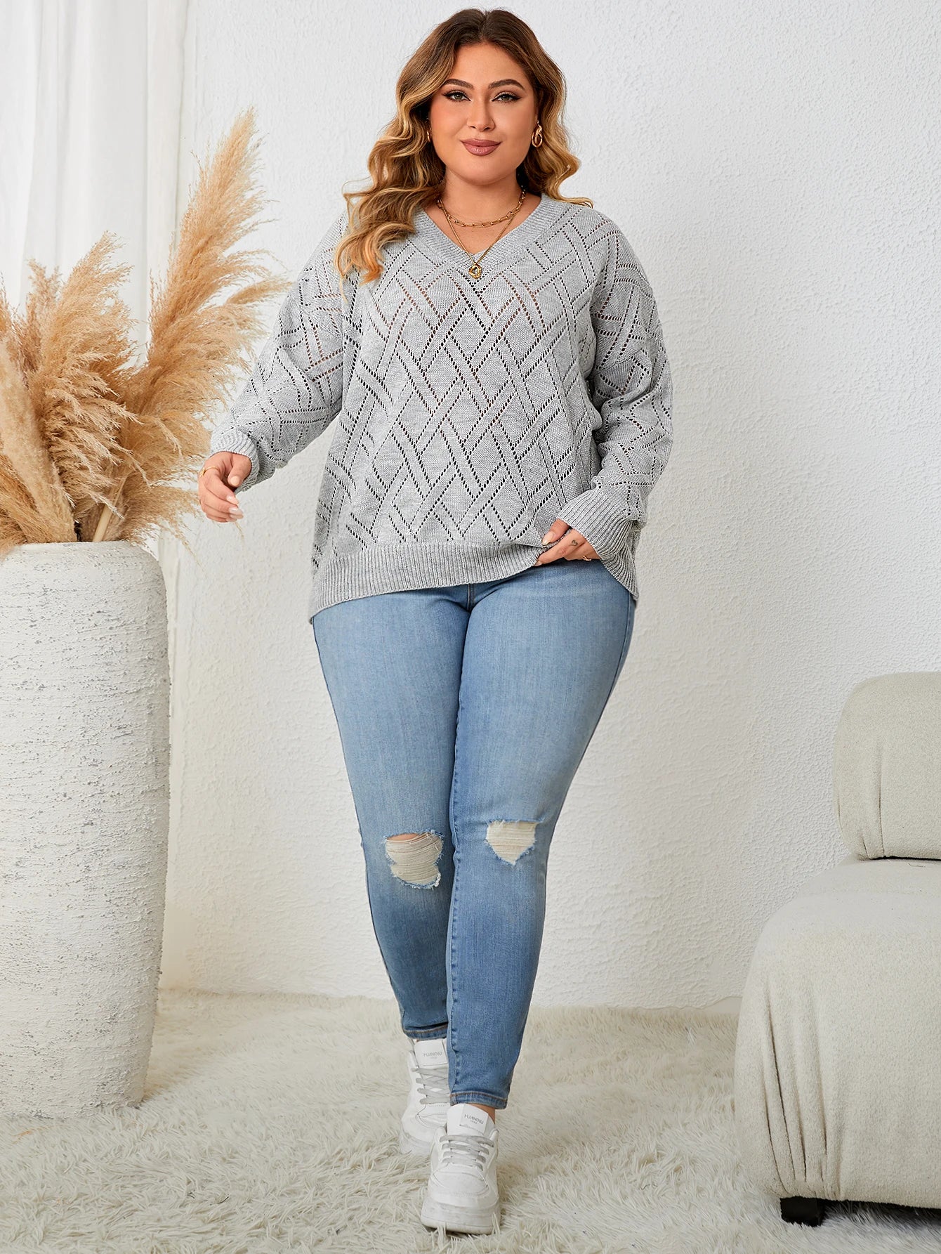 Spring Autumn Fashion Korean Style Casual Knitting Top Gray Long Sleeve V Neck Elegant Women's Plus Size Clothing Party Sweater