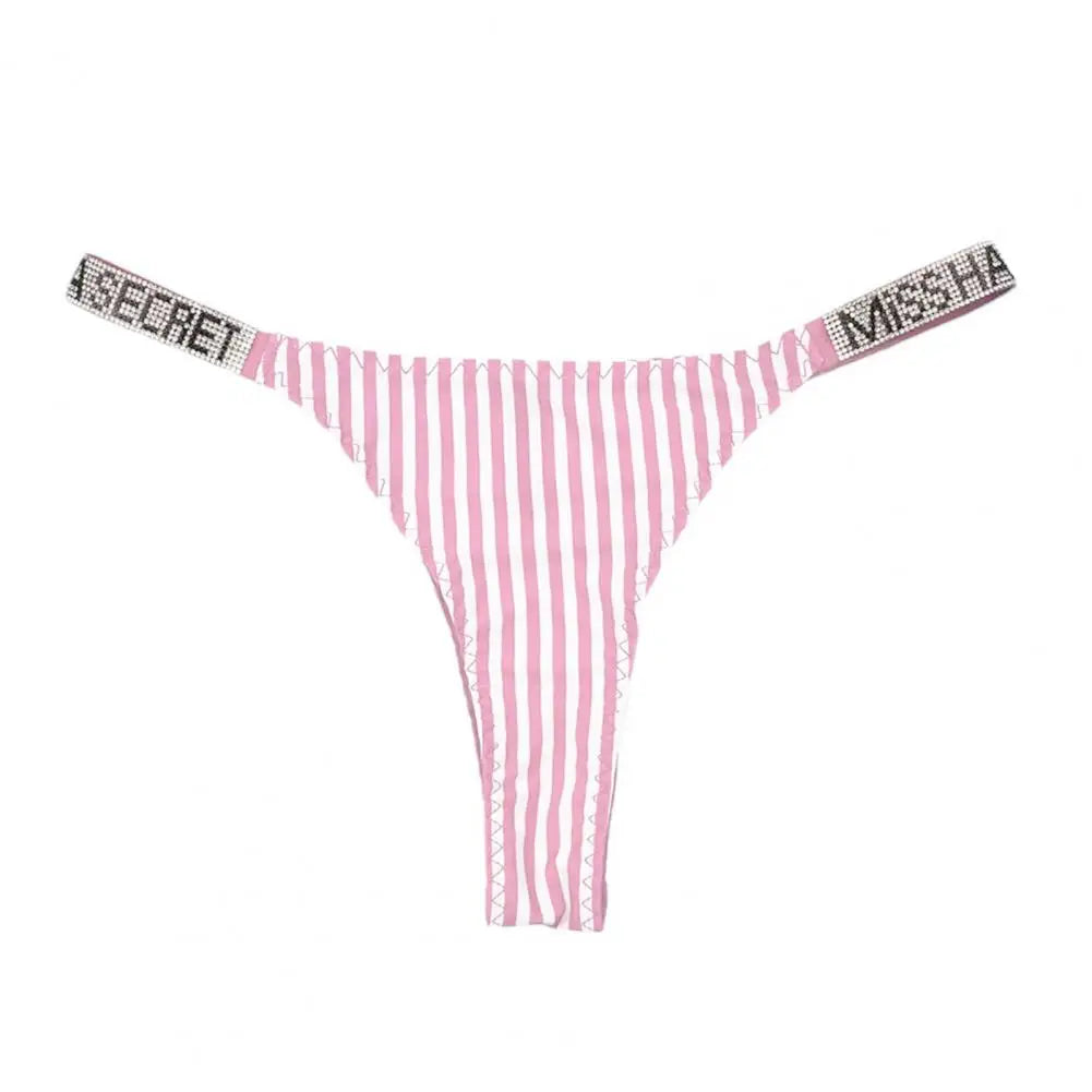 G-string Panties Rhinestone Letter Decor for Women Low Waist Striped Print Plus Size Butt-lifted Thong Lady G-string Underpants