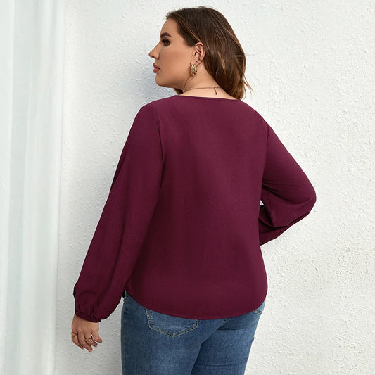 Della Mel Plus Size Women Clothing O-Neck Solid Tops Fashion Elegant Long Sleeve Office Female Casual Large Size Lady Blouses