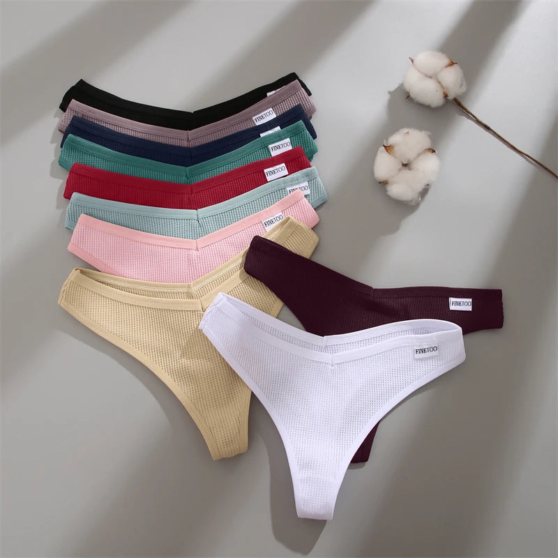 FINETOO 7Pcs Women Cotton Thongs Clothing Comfortable Waffle G-string Panties Female Low-Rise T-Back Underwear Bikini  Lingerie