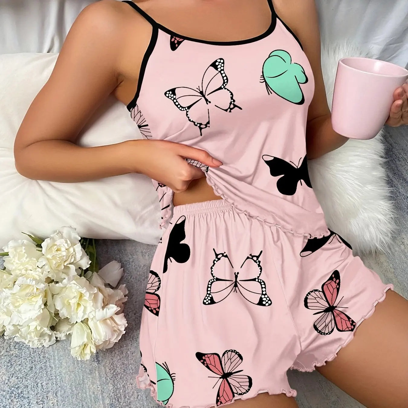 Butterfly Print Pajama Set Lettuce Trim Cami Top  Elastic Waistband Shorts Women  Sleepwear Loungewear