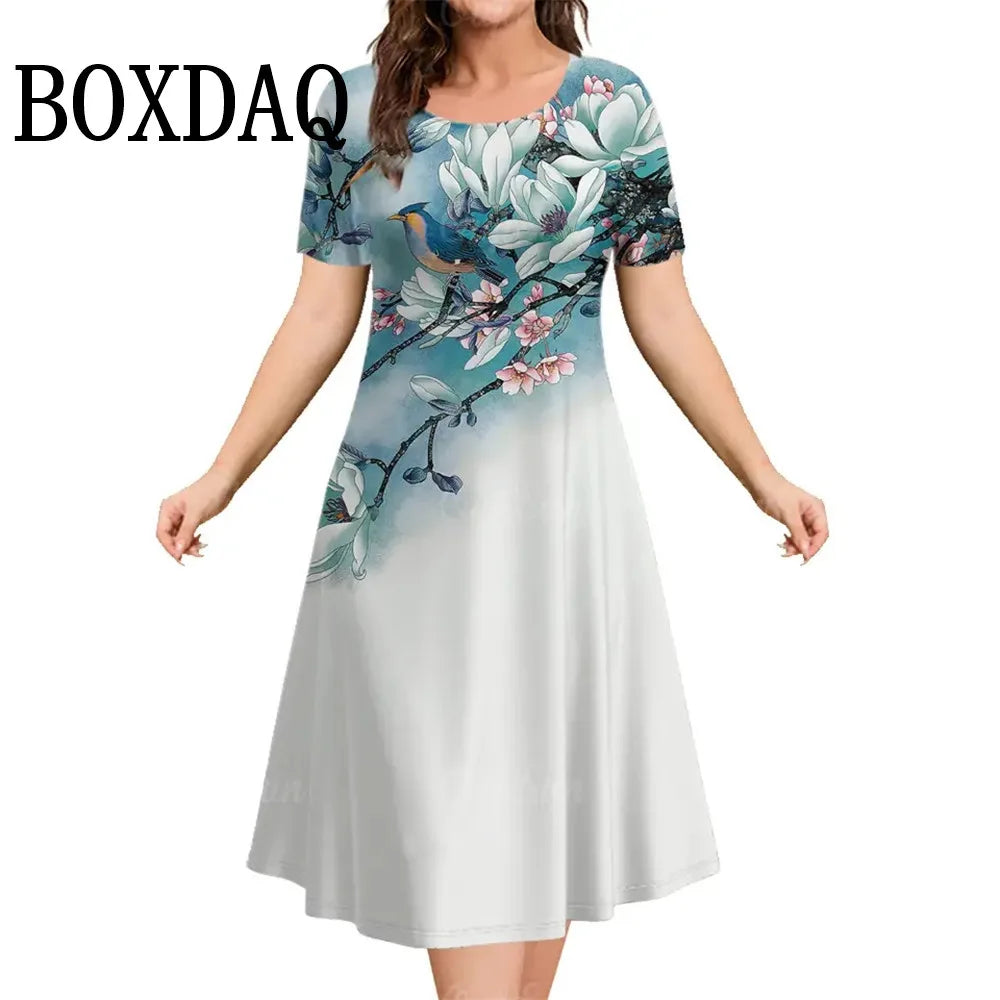 Fashion Elegant Women’S Dresses Loose A-Line Dress Women Short Sleeve Dress Flowers Print Casual Ladies Plus Size Clothing 9XL