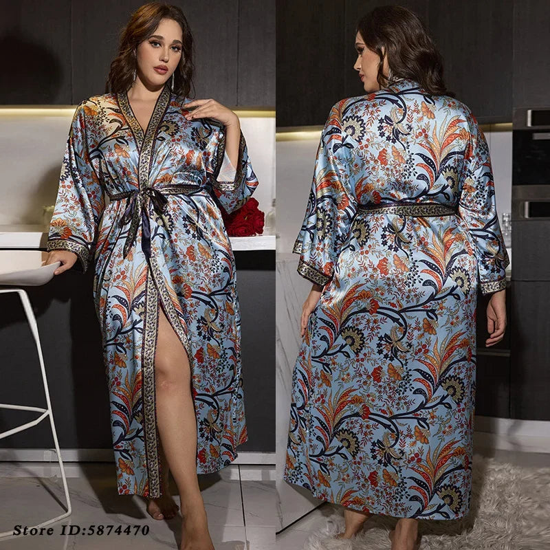 Plus Size Kimono Bathrobe Gown Silk Satin Long Robe Intimate Lingerie Print Flower Nightgown Loose Casual Nightdress Sleepwear