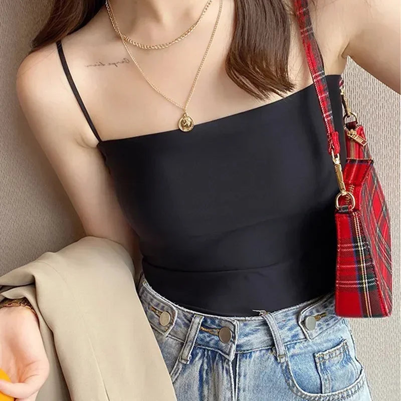 Women Summer Sleeveless Spaghetti Strap Slim Tube Top Seamless Built In Bra Crop Tops Fashion Camisole Underwear Top Tank Top