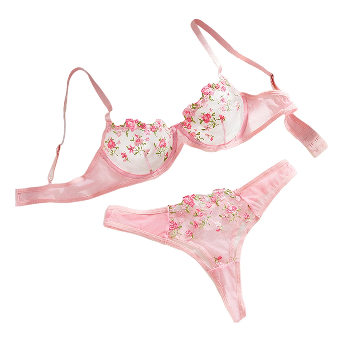 Floral Embroidery Lingerie Set Women Sheer 2-Piece Boho Bra + Panty Underwear Set Intimates