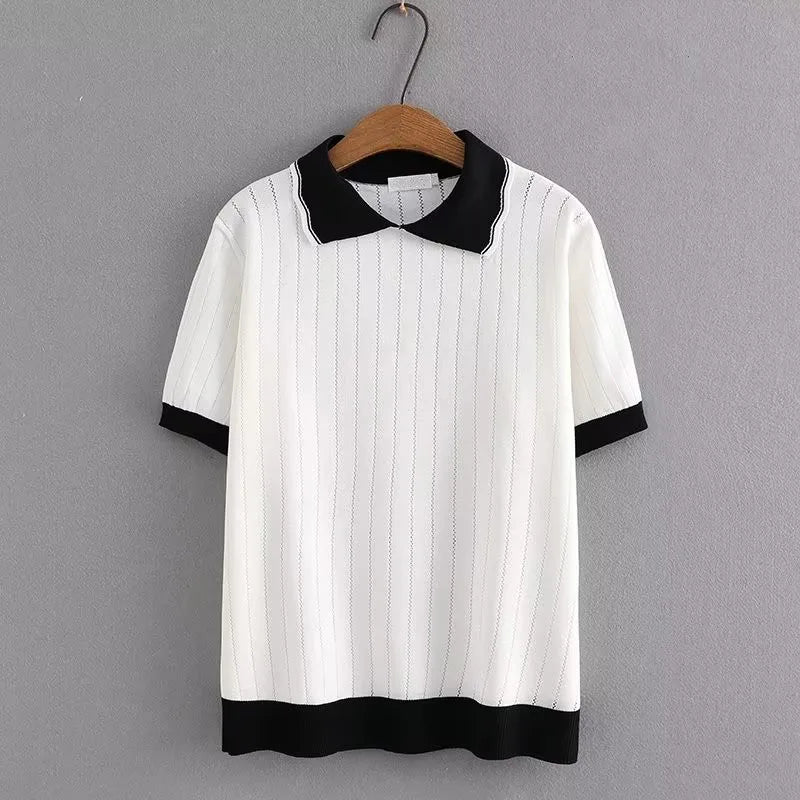 Plus Size Women's Clothing T-Shirt Black And White Contrast Lapel Polo Shirts Basic Knitted T-Shirt Summer Thin Short Sleeve T