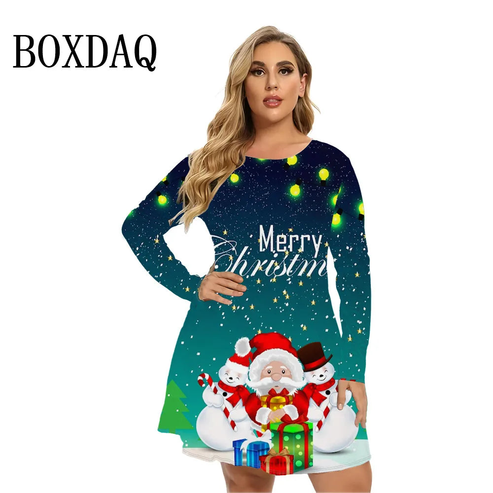 Christmas Tree Party Women Dresses For Winter 2024 Long Sleeve Cartoon Cute Funny Pattern 3D Print Dress 9XL Plus Size Clothing