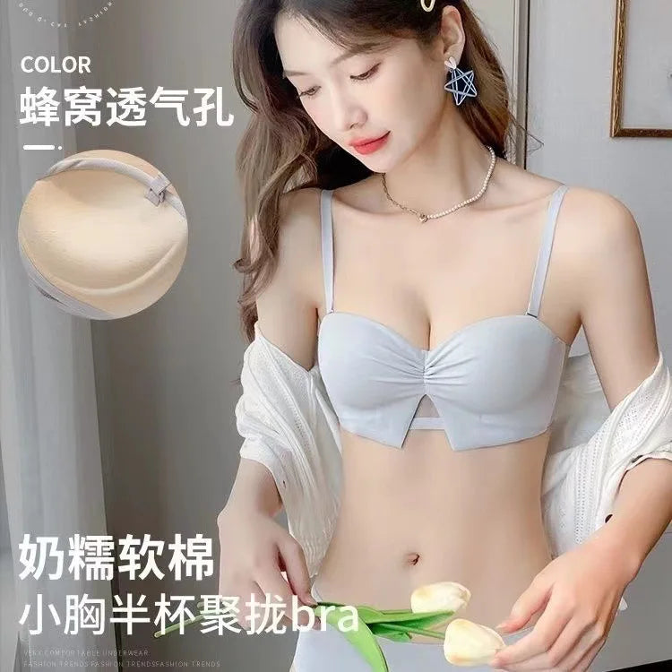 Half Cup girls small bosom gathered underwear no steel ring large AA Cup flat-chested strapless non-slip bra set