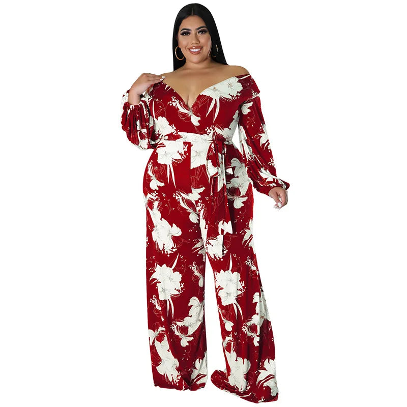 Plus Size Floral Print Jumpsuit Female Casual Loose Elegant Clothing Women One Piece Outfit 2023 Autumn Fashion Wide Leg Pants