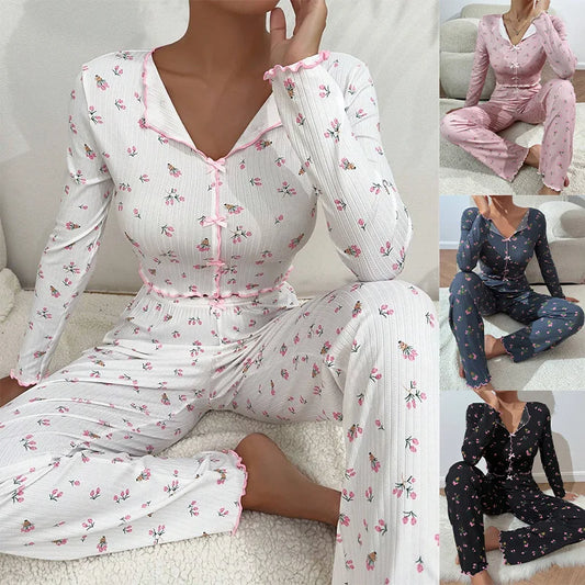 Autumn Winter Floral Print Pajamas Set for Women Sleepwear Long Sleeve Top and Long Pants 2 Piece Casual Homewear Loungewear