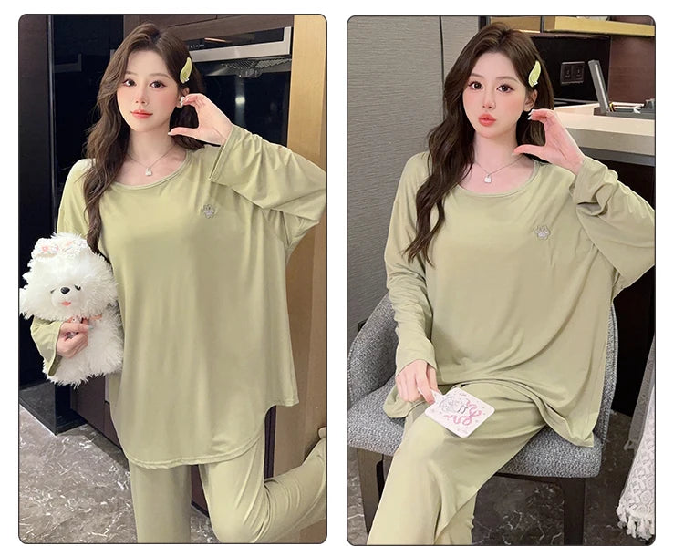 M-5XL Spring Autumn Plus Size Modal Women's Pajamas Set Casual Loose Sleepwear Pijama Suit New Comfortable Home Wear Clothing