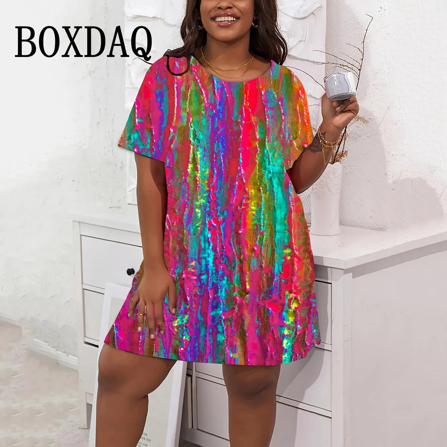 Fashion Tie Dye Dresses Colorful Painting 3D Print Women Dress Short Sleeve Large Sizes Casual Streetwear Clothing Plus Size 9XL