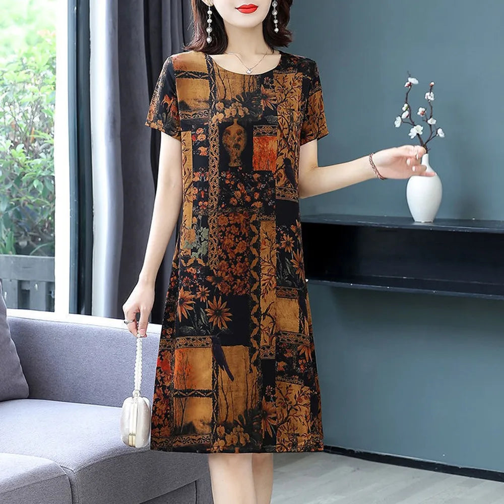 Womens Dresses Party Casual Elegant Long-Dress Retro Plus Size Print Short-Sleeved Skirt Loose Mother Wear Female Clothing