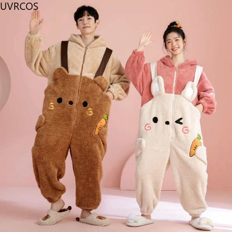 Sweet Cute Warm Couple Pajamas Cartoon Onesies Winter Kawaii Bunny Ears Hooded Women Sleepwear Home Clothes Men Pyjamas Jumpsuit