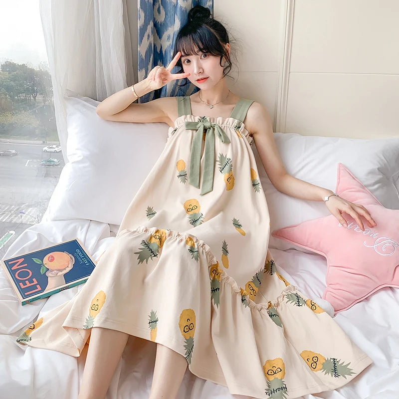 Sweet Cute Nightdress Women Princess Nightgown Lady Summer Sleeveless Sleepwear Female Cotton Nightgowns Loose Home Clothes