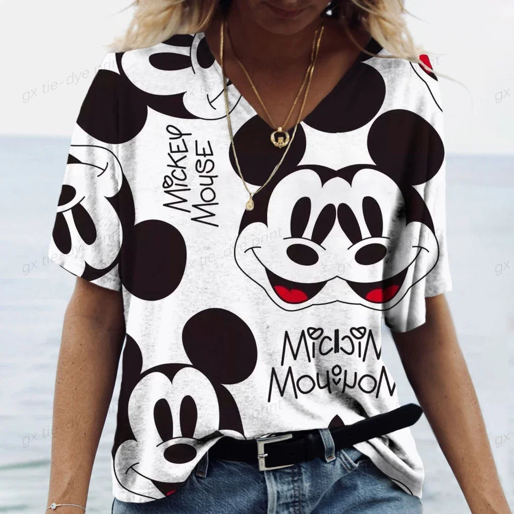 Hot Selling Women's Clothing V-neck Short Sleeved T-shirt Summer Pullover Casual Wear Plus Size T-shirt Mickey Mouse Printed