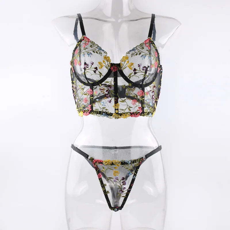 2024 Floral Embroidery Exotic Apparel Suit with Fishbone Steel Ring Women Solid Tank Top Strap Bra Triangle Panty Underwear Set