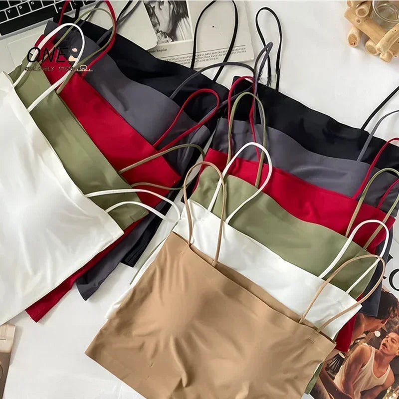 Women Summer Sleeveless Spaghetti Strap Slim Tube Top Seamless Built In Bra Crop Tops Fashion Camisole Underwear Top Tank Top