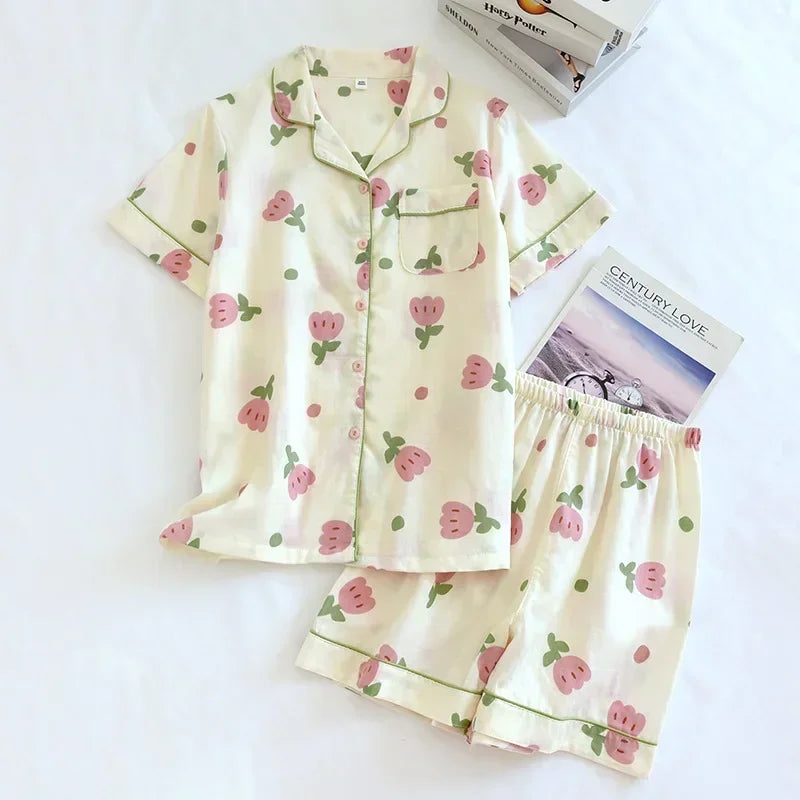 New 100% cotton short-sleeved shorts ladies pajamas set cute cartoon pajamas Japanese simple short pajamas women sleepwear