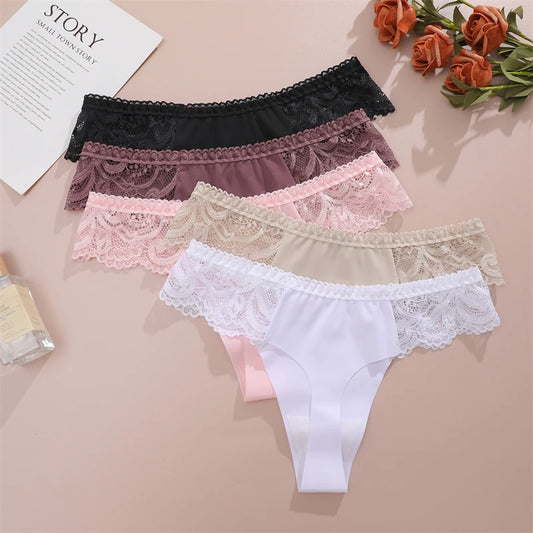 3Pcs Seamless Stretch Thongs Women Comfort Patchwork Lace Panties Female Low-Waist G-string High Quality Floral Soft Lingerie